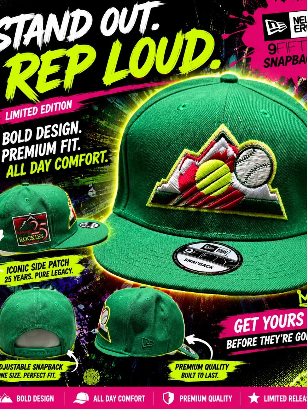 Green Snapback Hat with Mountain and Baseball Design